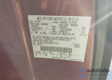 2004 Ford F-150 Lariat/Xl/Xlt z USA, uszkodzony, nr VIN 1FTPX125X4NB17134